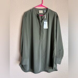 Elie Tahari Olive Green Long Sleeve Half Placket Tunic Blouse
